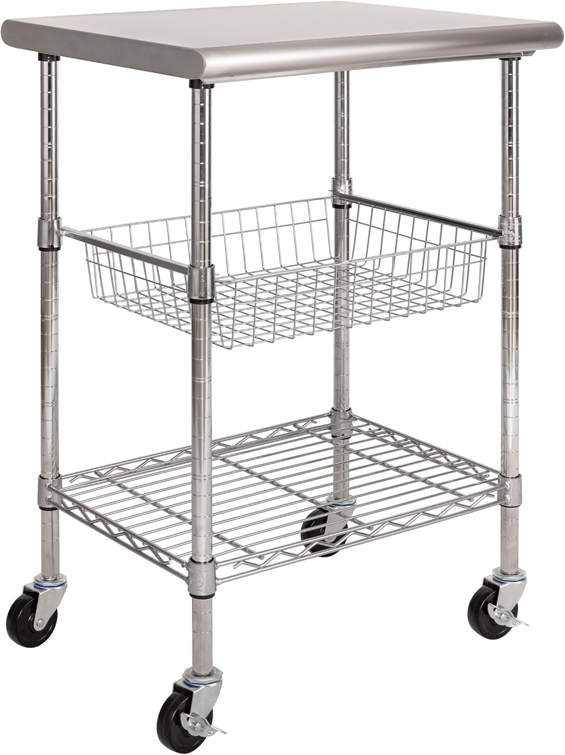 Commercial Kitchen Island On Wheels - ステンレス製業務用食品調理台カート、頑丈なキッチンアイランドワークステーション（車輪付き）、スライド式ワイヤーバスケットと調節可能な収納棚オーガナイザー付き、家庭料理や食事用
