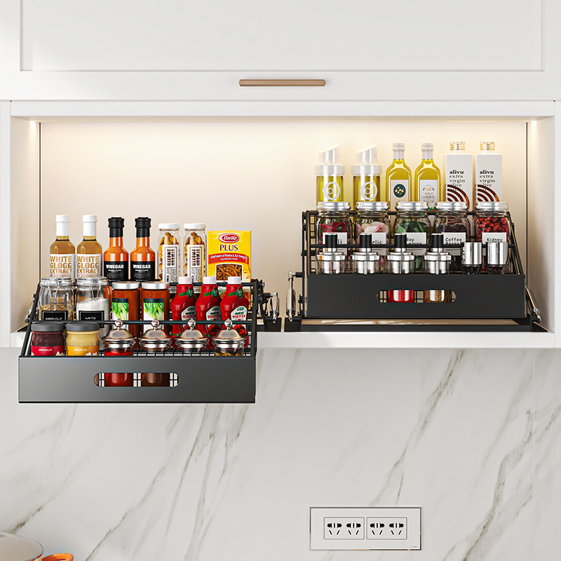 Commercial Kitchen Shelving - 1個 3段式プルダウンオーガナイザー リフト式格納式キッチン収納ラック キャビネット下スパイスラック 拡張可能なキッチン調味料棚