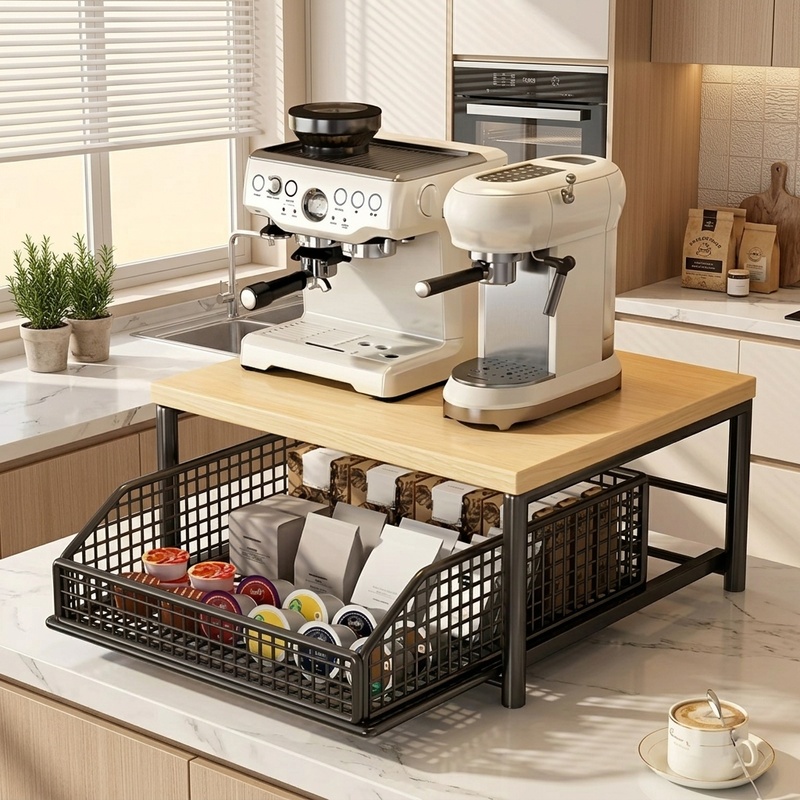 Commercial Kitchen Shelving - モダンな電子レンジラック、無垢材と金属製のキッチンカウンタートップオーガナイザー、家電やスパイス用の省スペース収納棚
