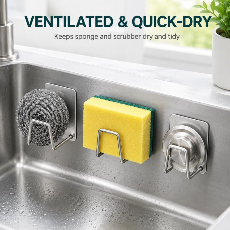 Commercial Kitchen Sink - 粘着式ステンレススポンジホルダー、穴あけ不要のシンクキャディー（スクラバー、布、蓋、キッチン＆バスルーム用）