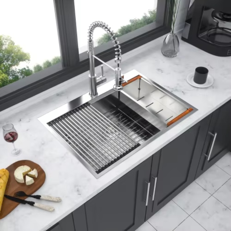 Commercial Kitchen Sink - ATV モダン304ステンレス鋼製シングルボウルキッチンシンク 30x22インチ、大型深型、排水ボード付き業務用セット