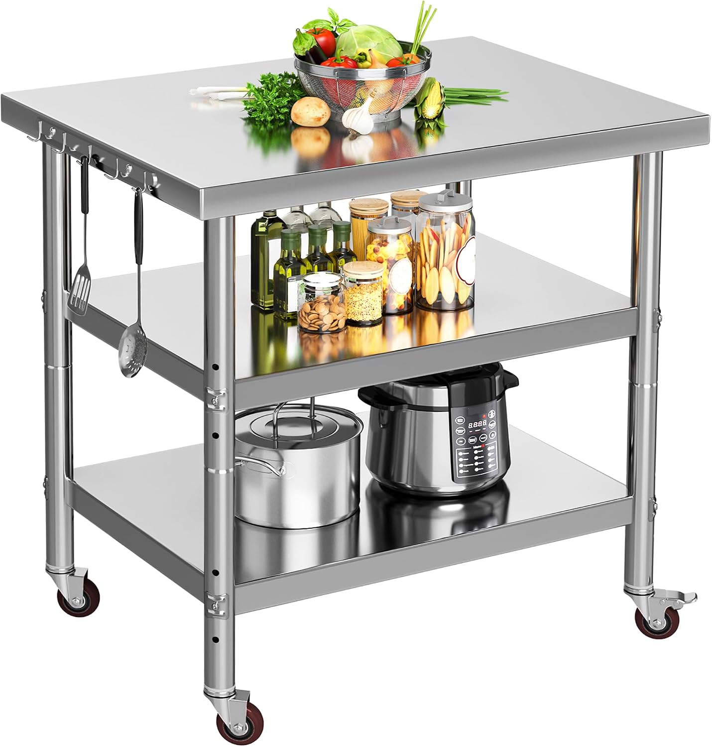 ステンレス製食品準備台、3段式頑丈な金属製ワークステーション - Commercial Kitchen Island On Wheels のレビューと価格